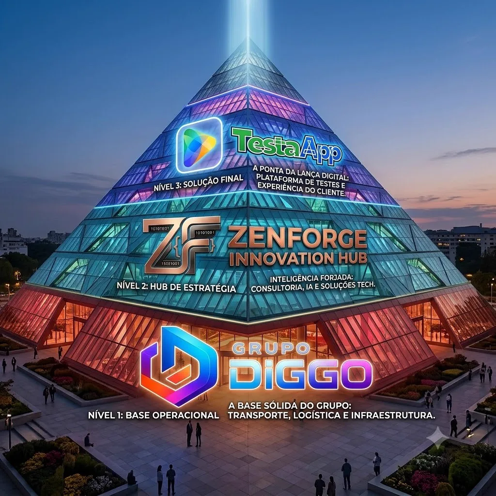 Estrutura em camadas do Grupo Diggo: TestaApp no topo como solução final, ZenForge como hub de criação, Grupo Diggo como base operacional