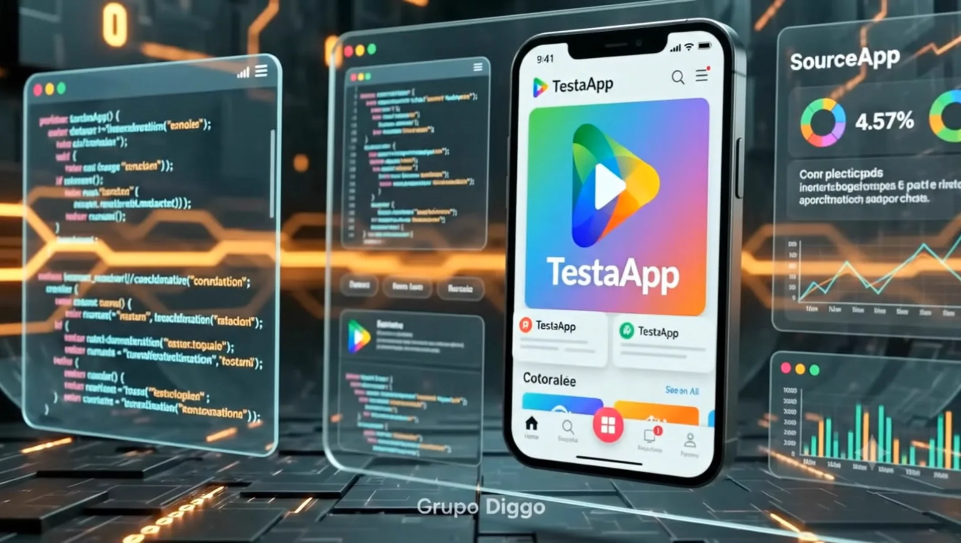 Telas do TestaApp em uso, mostrando o catálogo de apps para teste